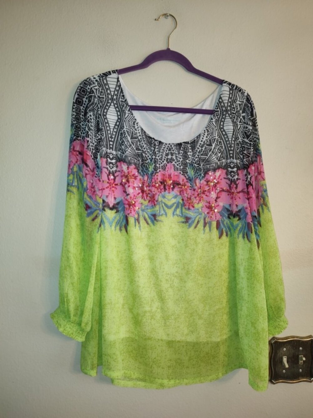 Women's Amazing Soft Surroundings Lime Green Chartreuse Pink Black Blouse Size L